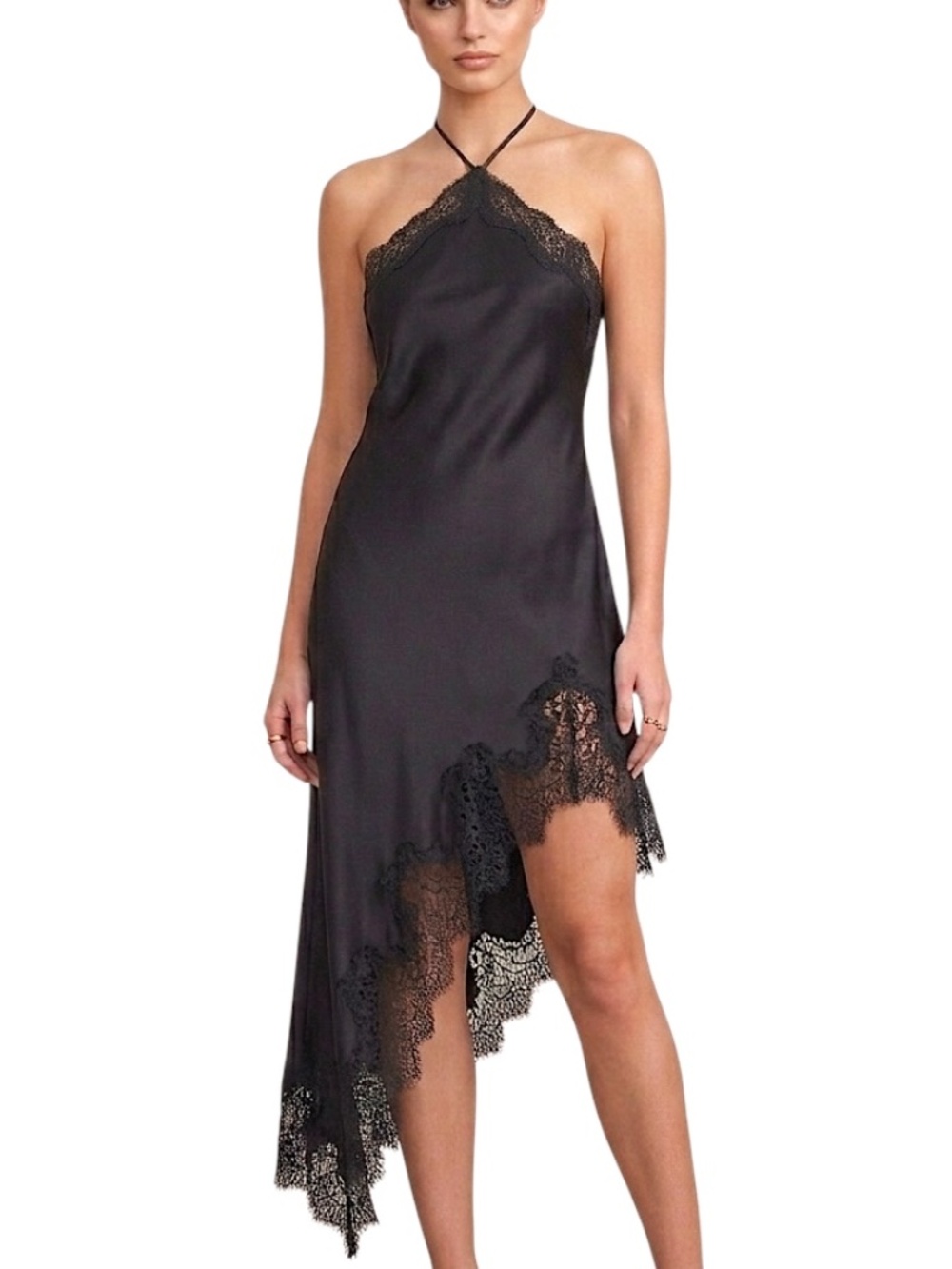 NWT REVOLVE Camila Coelho black satin lace asymmetrical hem midi slip dress M